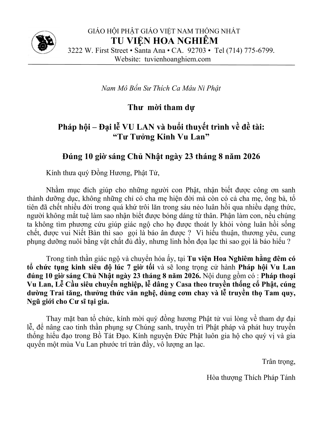 thu moi le Vu Lan